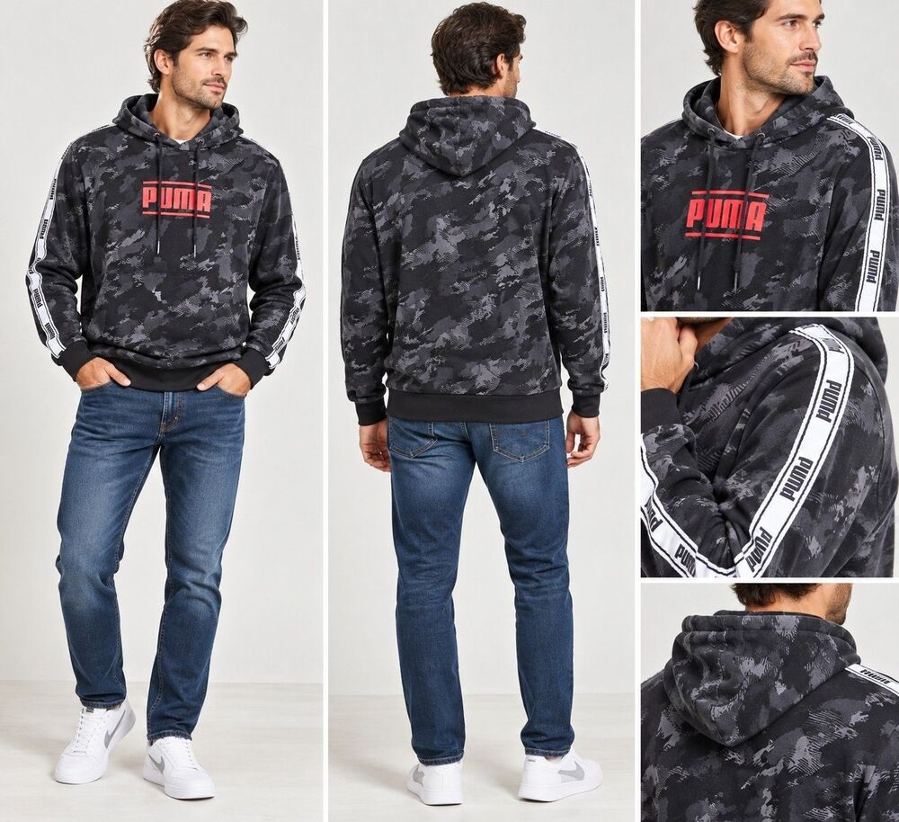 PUMA Rebel Camo All-Over Print Logo Pullover Hoodie Black Grey Red Men L Pockets